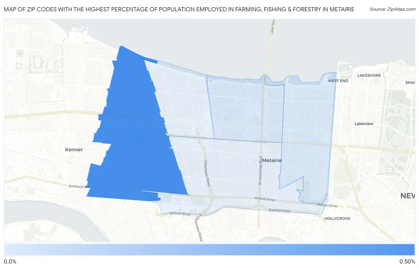 Zip Codes with the Highest Percentage of Population Employed in Farming, Fishing & Forestry in Metairie Map