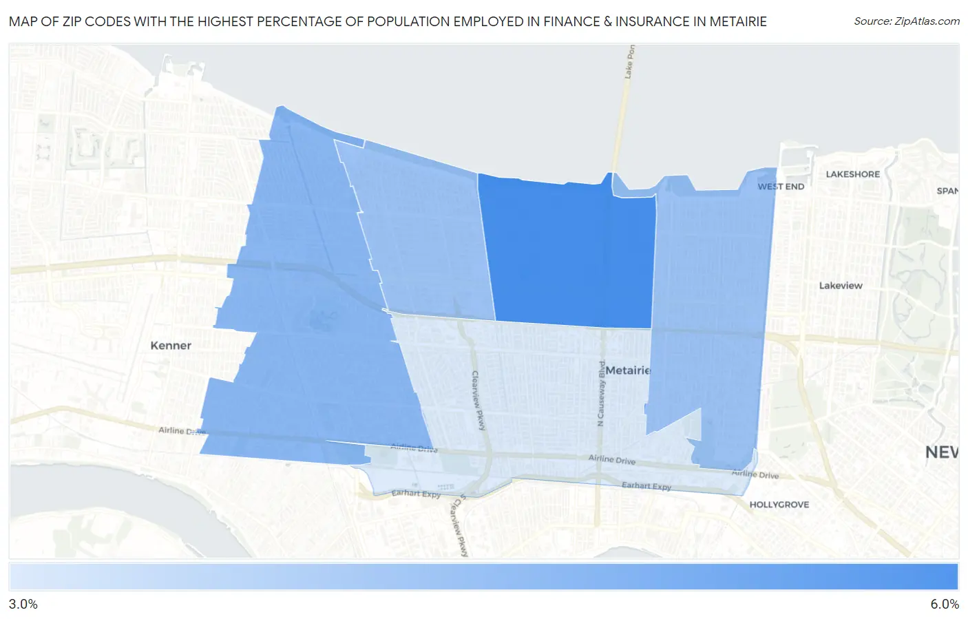 Zip Codes with the Highest Percentage of Population Employed in Finance & Insurance in Metairie Map
