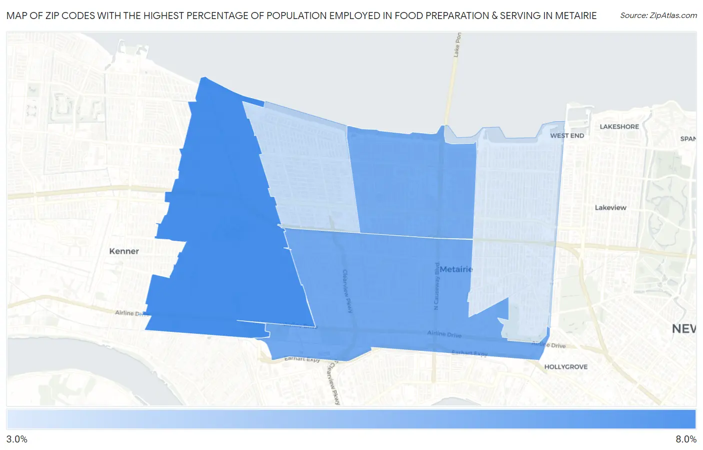 Zip Codes with the Highest Percentage of Population Employed in Food Preparation & Serving in Metairie Map