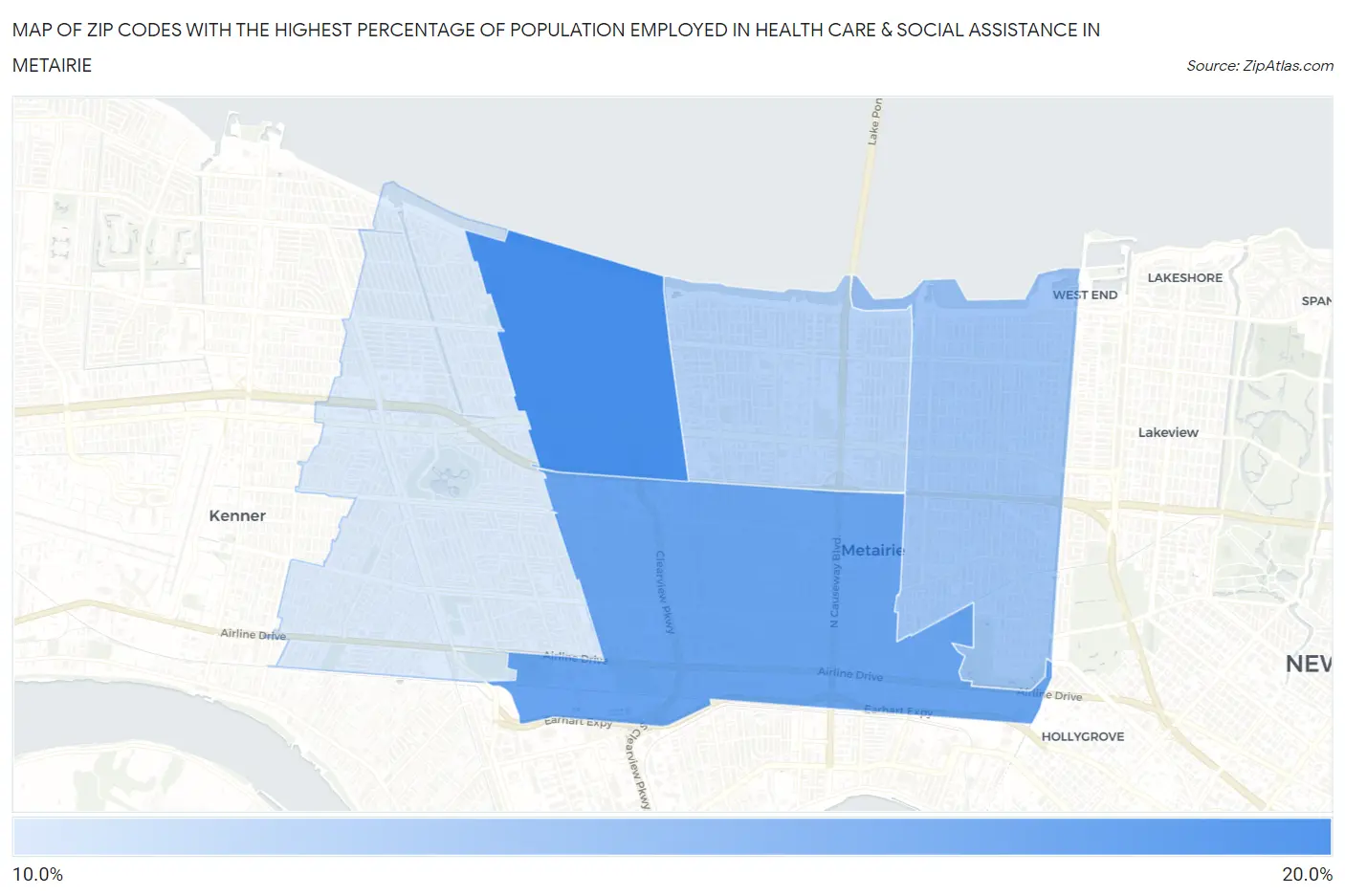 Zip Codes with the Highest Percentage of Population Employed in Health Care & Social Assistance in Metairie Map