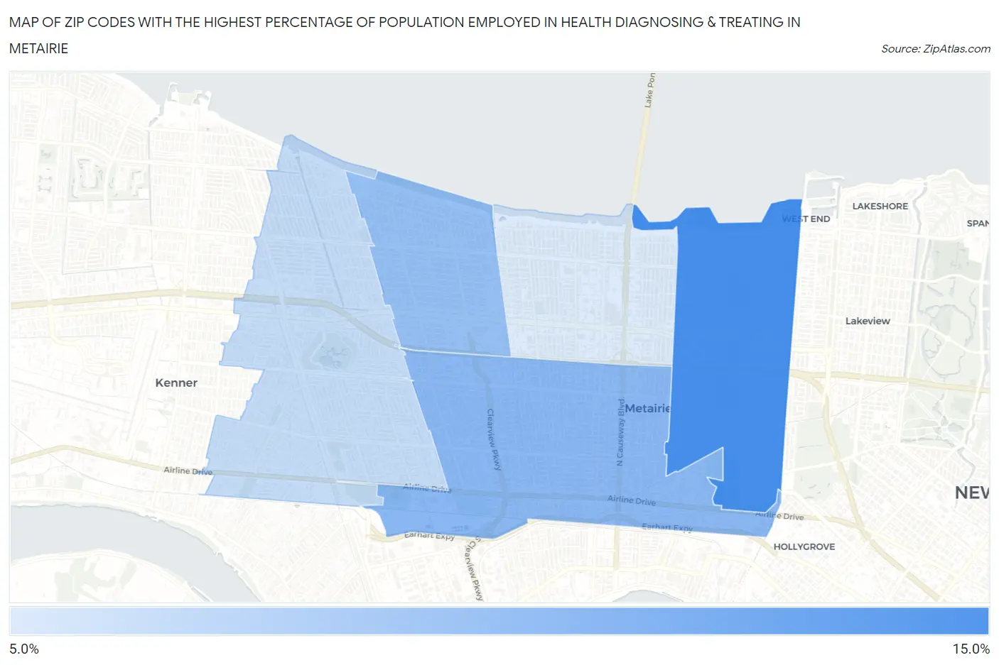 Zip Codes with the Highest Percentage of Population Employed in Health Diagnosing & Treating in Metairie Map