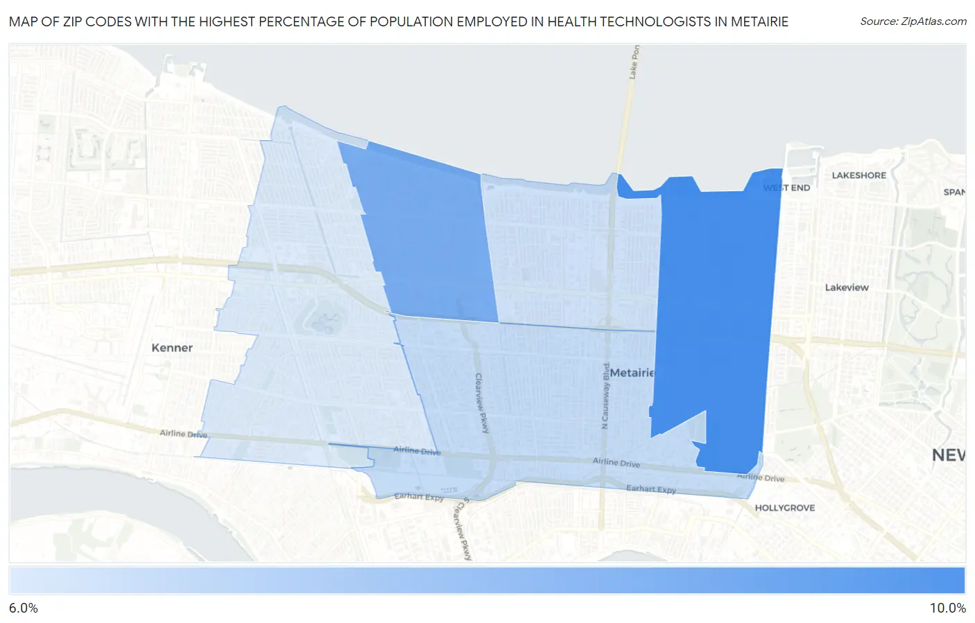 Zip Codes with the Highest Percentage of Population Employed in Health Technologists in Metairie Map