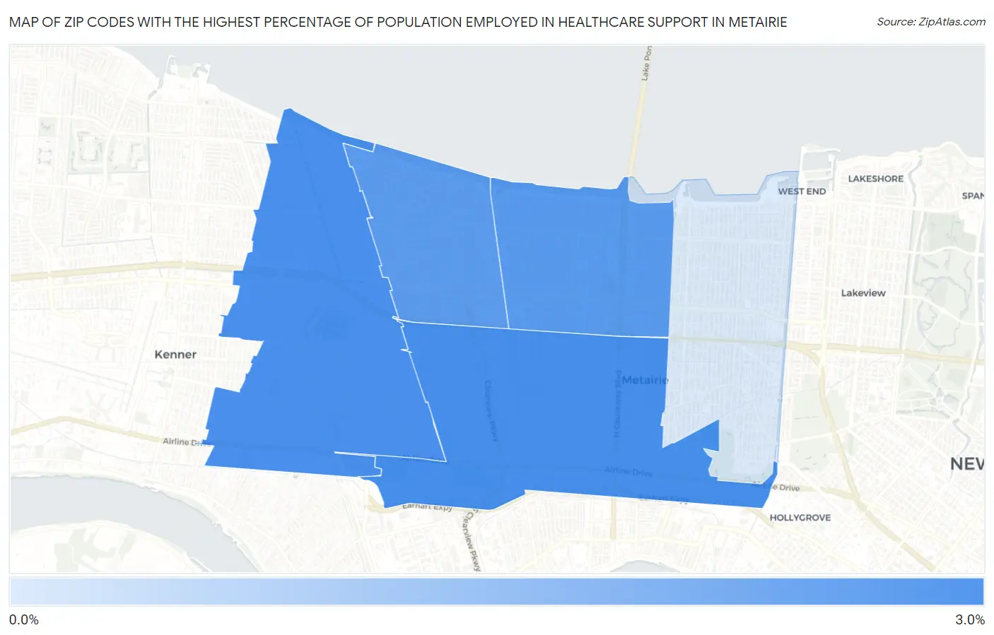 Zip Codes with the Highest Percentage of Population Employed in Healthcare Support in Metairie Map