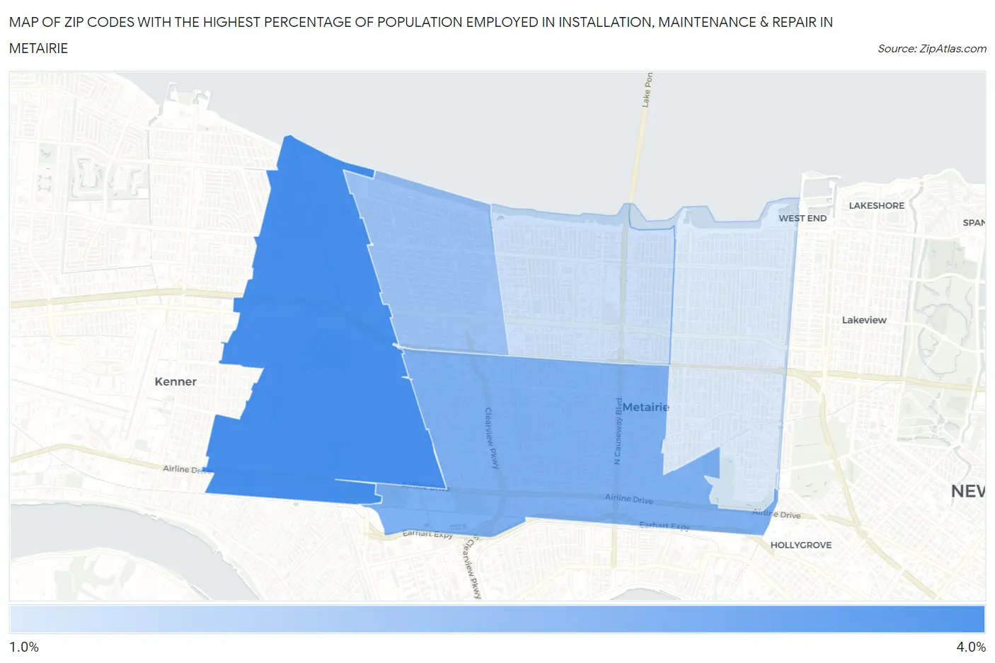 Zip Codes with the Highest Percentage of Population Employed in Installation, Maintenance & Repair in Metairie Map