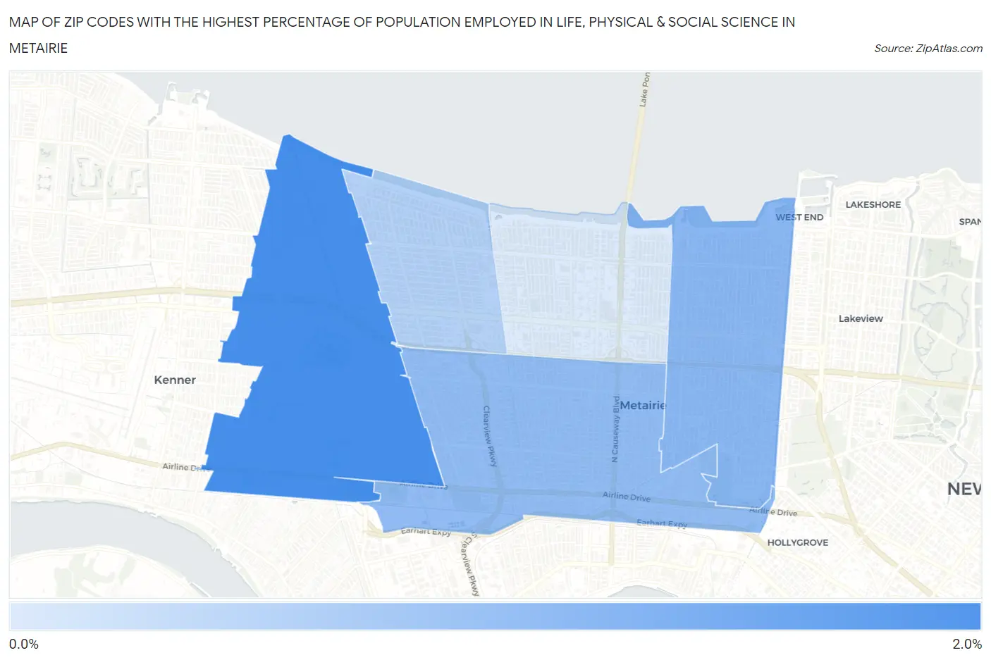 Zip Codes with the Highest Percentage of Population Employed in Life, Physical & Social Science in Metairie Map