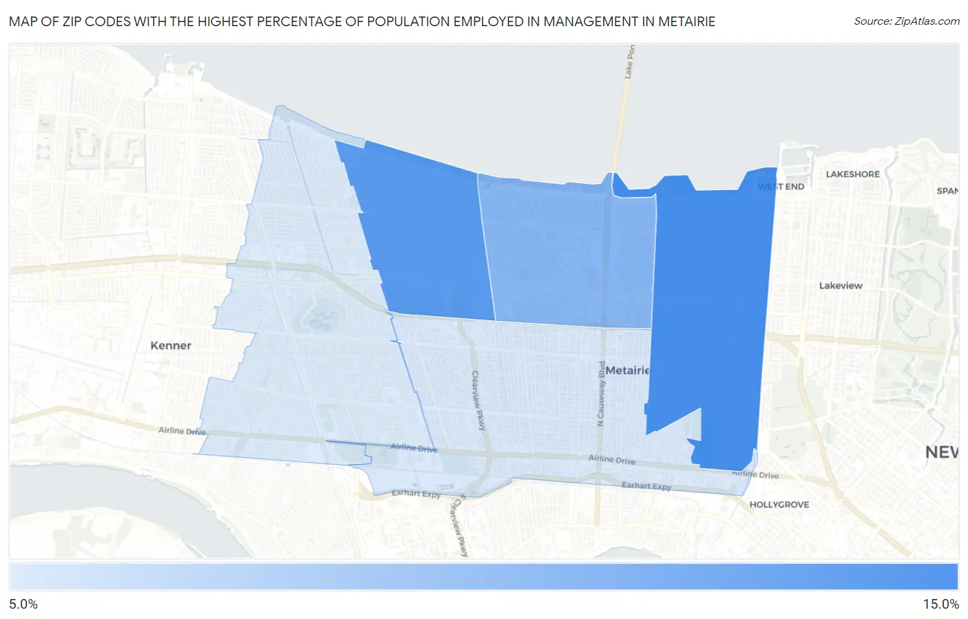 Zip Codes with the Highest Percentage of Population Employed in Management in Metairie Map