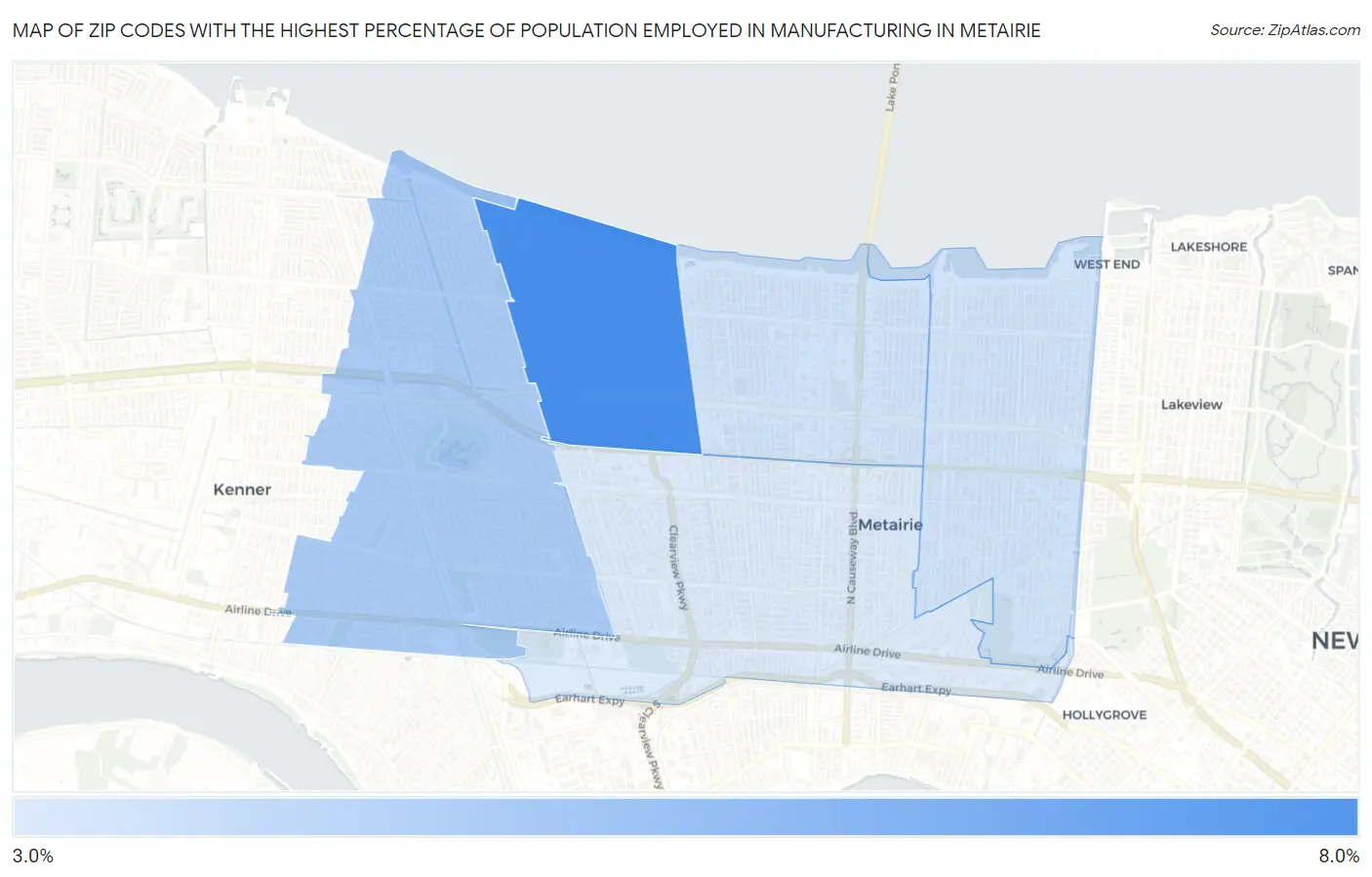 Zip Codes with the Highest Percentage of Population Employed in Manufacturing in Metairie Map