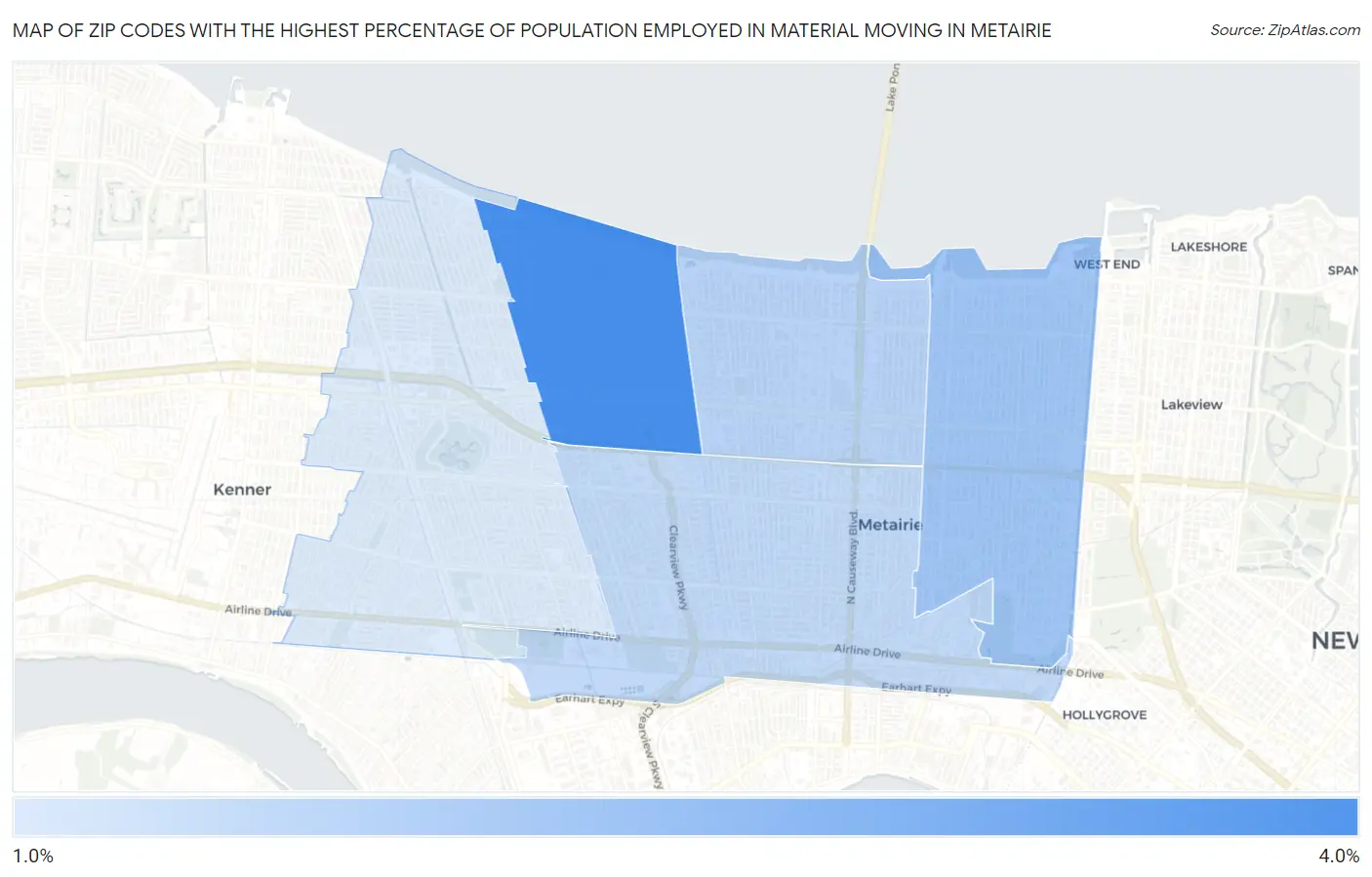 Zip Codes with the Highest Percentage of Population Employed in Material Moving in Metairie Map