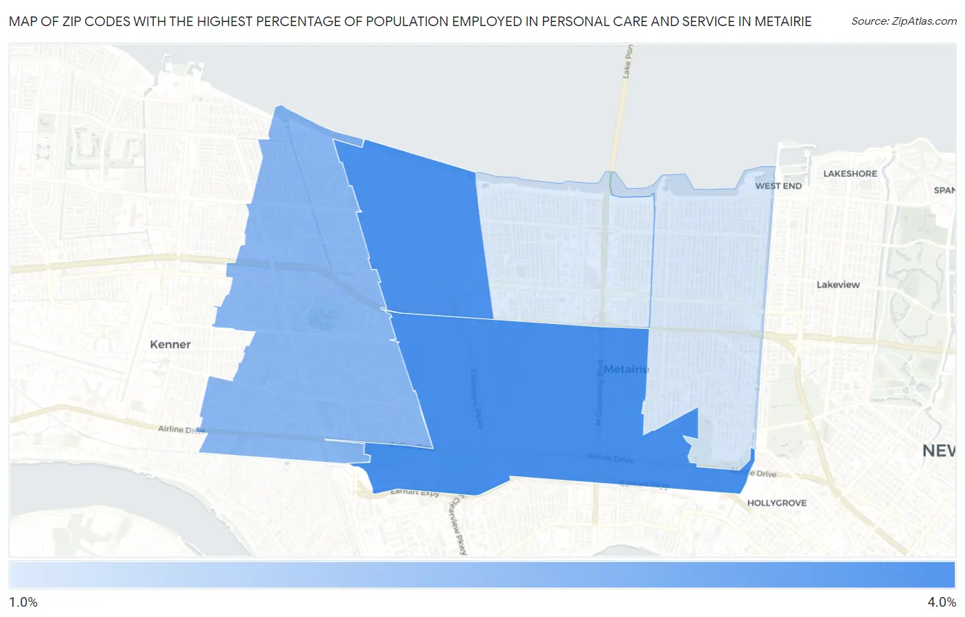 Zip Codes with the Highest Percentage of Population Employed in Personal Care and Service in Metairie Map