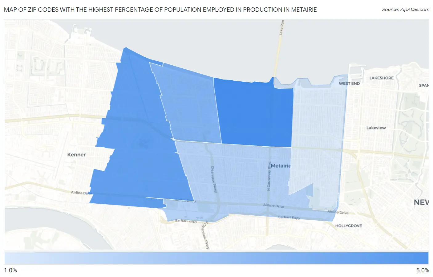 Zip Codes with the Highest Percentage of Population Employed in Production in Metairie Map