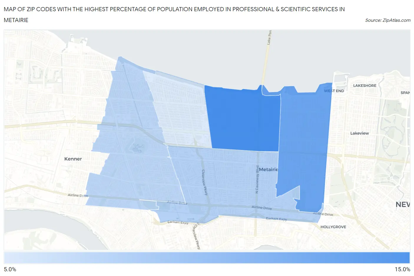 Zip Codes with the Highest Percentage of Population Employed in Professional & Scientific Services in Metairie Map