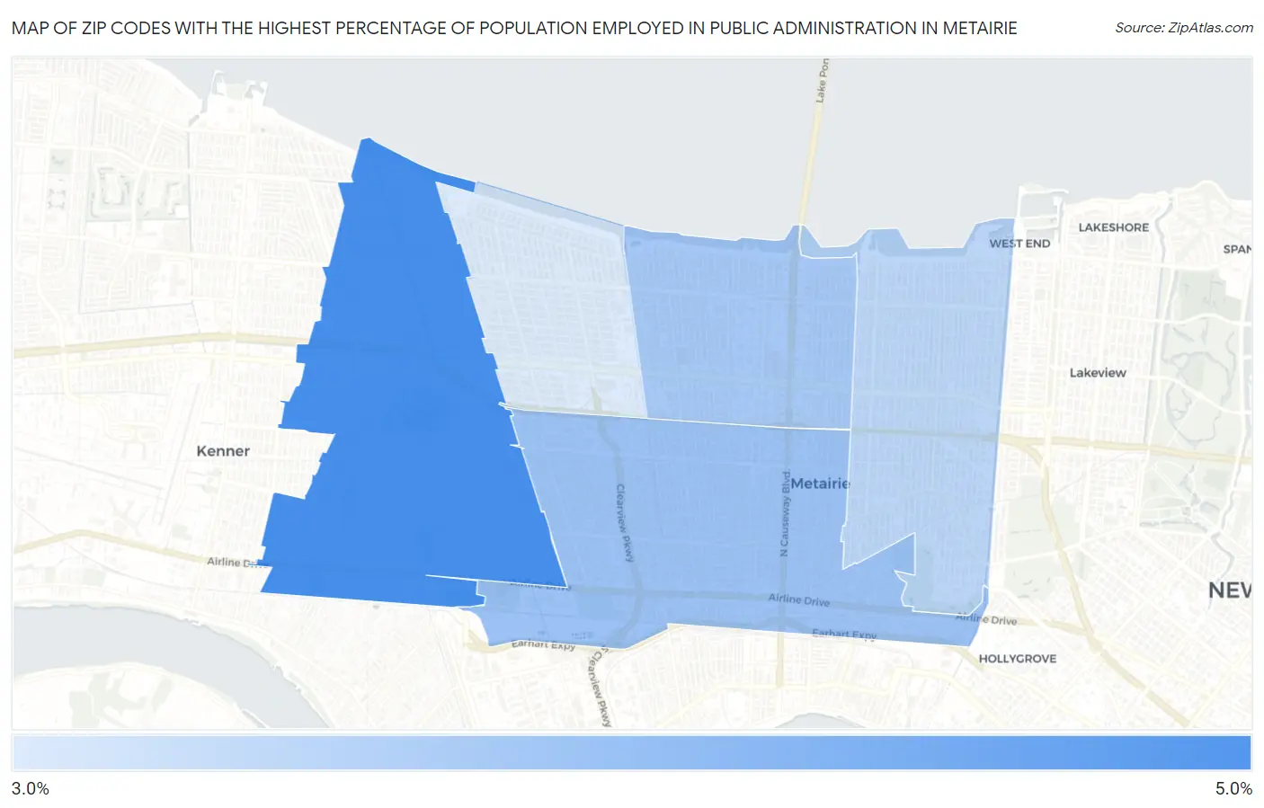 Zip Codes with the Highest Percentage of Population Employed in Public Administration in Metairie Map