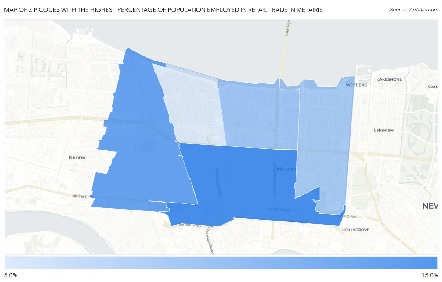 Zip Codes with the Highest Percentage of Population Employed in Retail Trade in Metairie Map