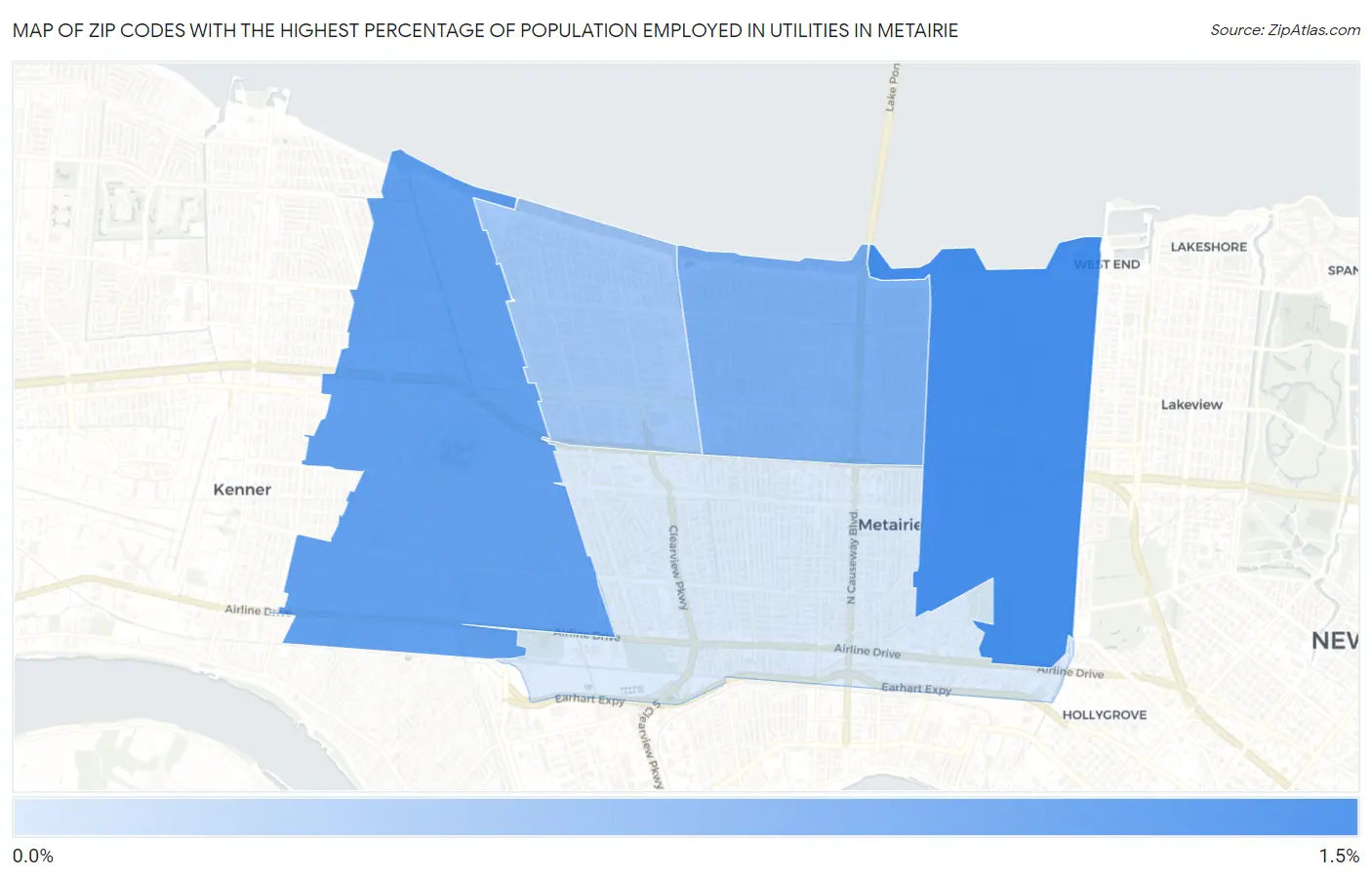 Zip Codes with the Highest Percentage of Population Employed in Utilities in Metairie Map