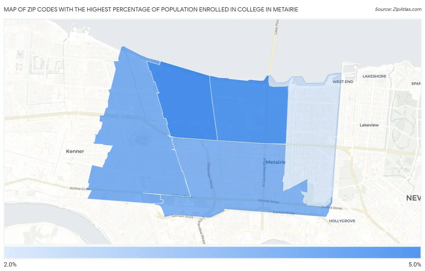 Zip Codes with the Highest Percentage of Population Enrolled in College in Metairie Map