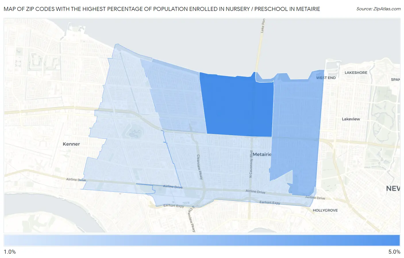 Zip Codes with the Highest Percentage of Population Enrolled in Nursery / Preschool in Metairie Map