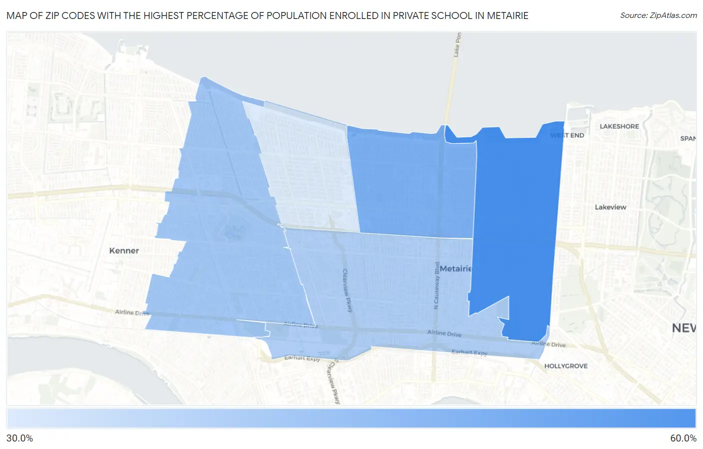 Zip Codes with the Highest Percentage of Population Enrolled in Private School in Metairie Map