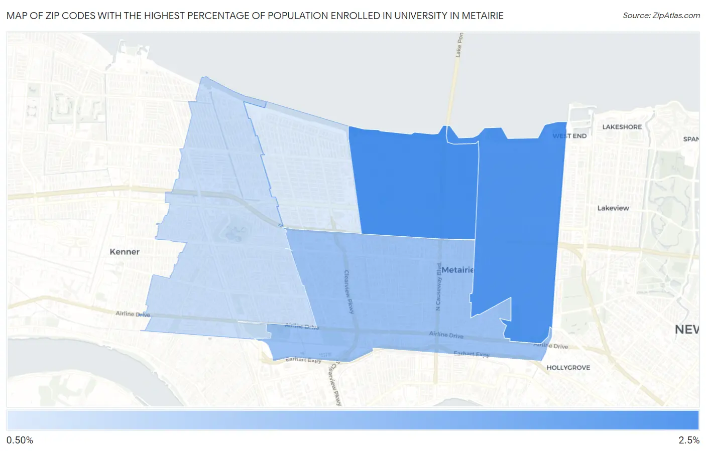 Zip Codes with the Highest Percentage of Population Enrolled in University in Metairie Map