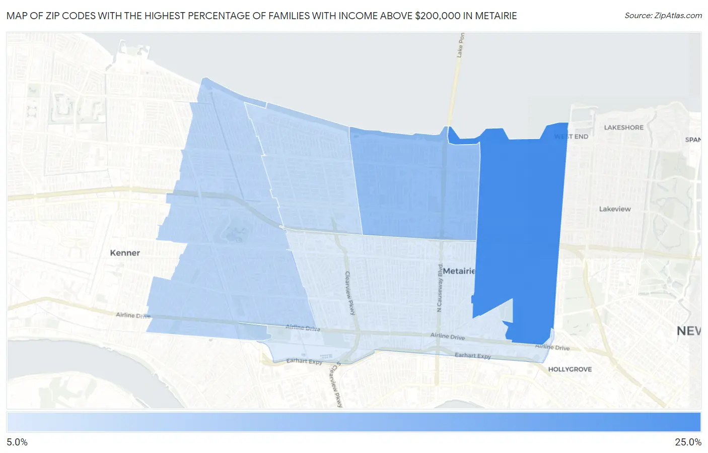 Zip Codes with the Highest Percentage of Families with Income Above $200,000 in Metairie Map