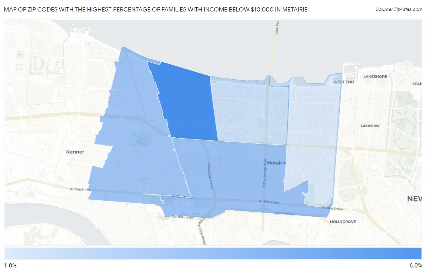 Zip Codes with the Highest Percentage of Families with Income Below $10,000 in Metairie Map
