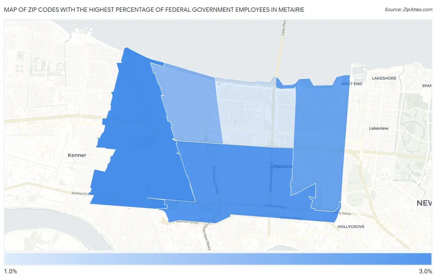 Zip Codes with the Highest Percentage of Federal Government Employees in Metairie Map