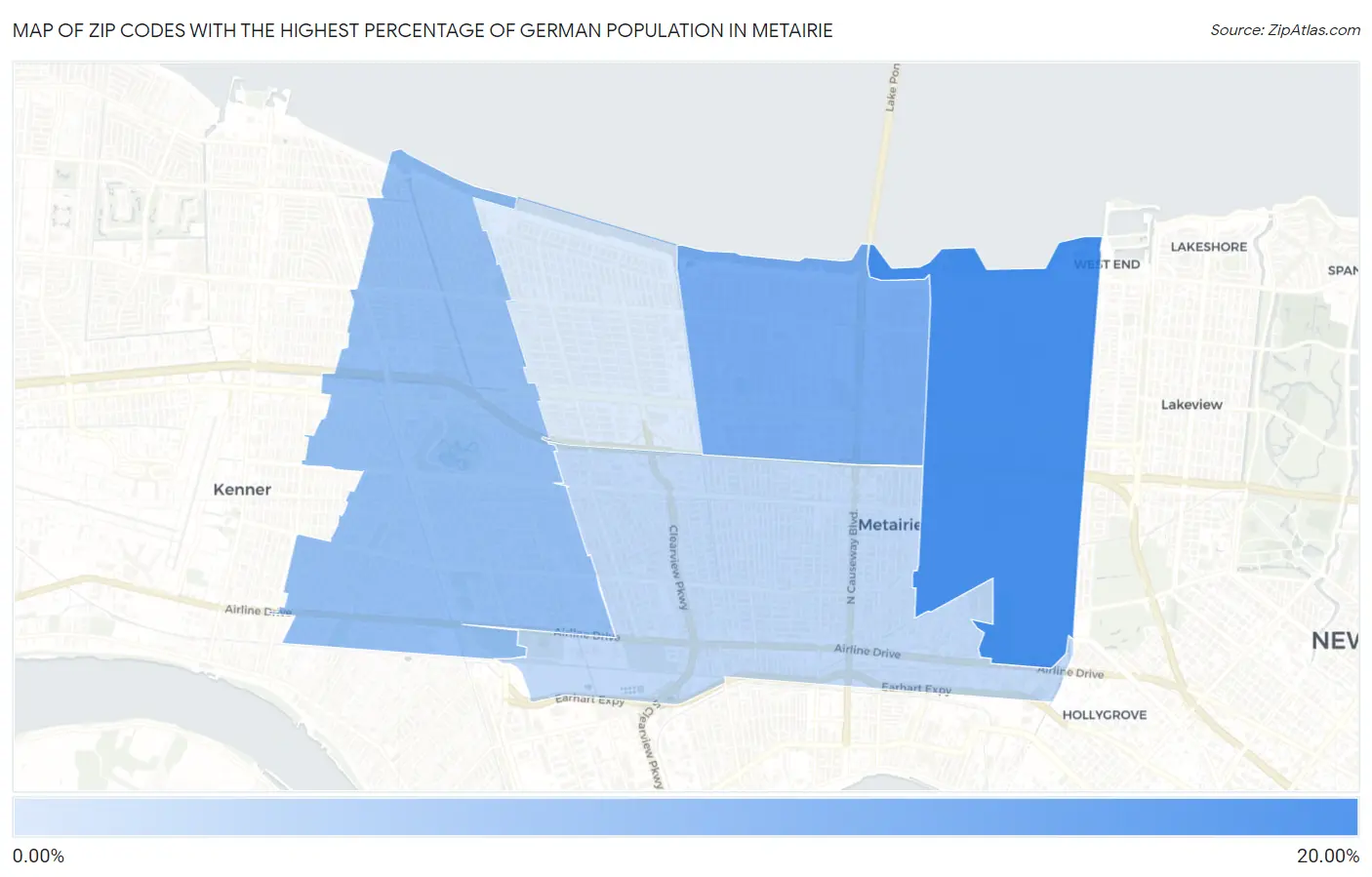 Zip Codes with the Highest Percentage of German Population in Metairie Map