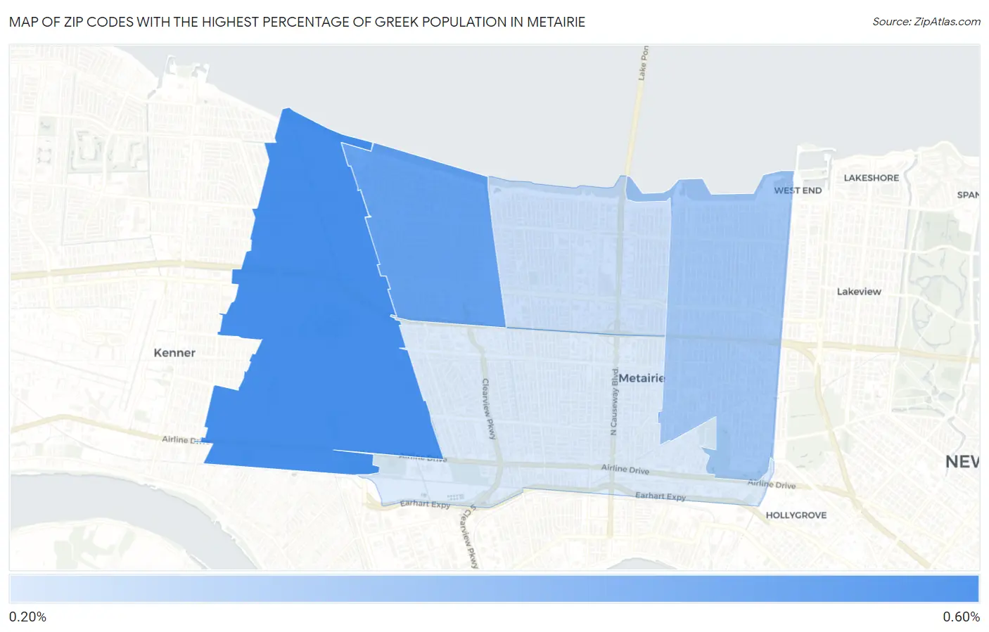 Zip Codes with the Highest Percentage of Greek Population in Metairie Map