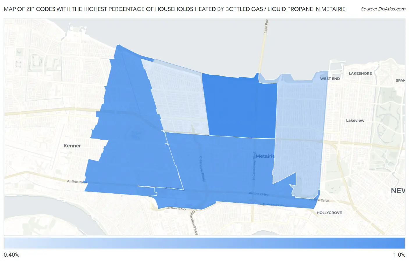 Zip Codes with the Highest Percentage of Households Heated by Bottled Gas / Liquid Propane in Metairie Map