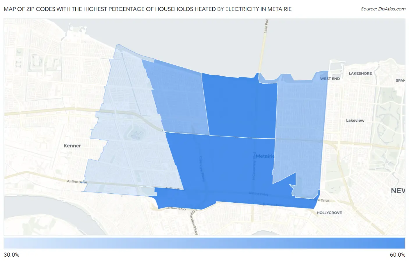 Zip Codes with the Highest Percentage of Households Heated by Electricity in Metairie Map