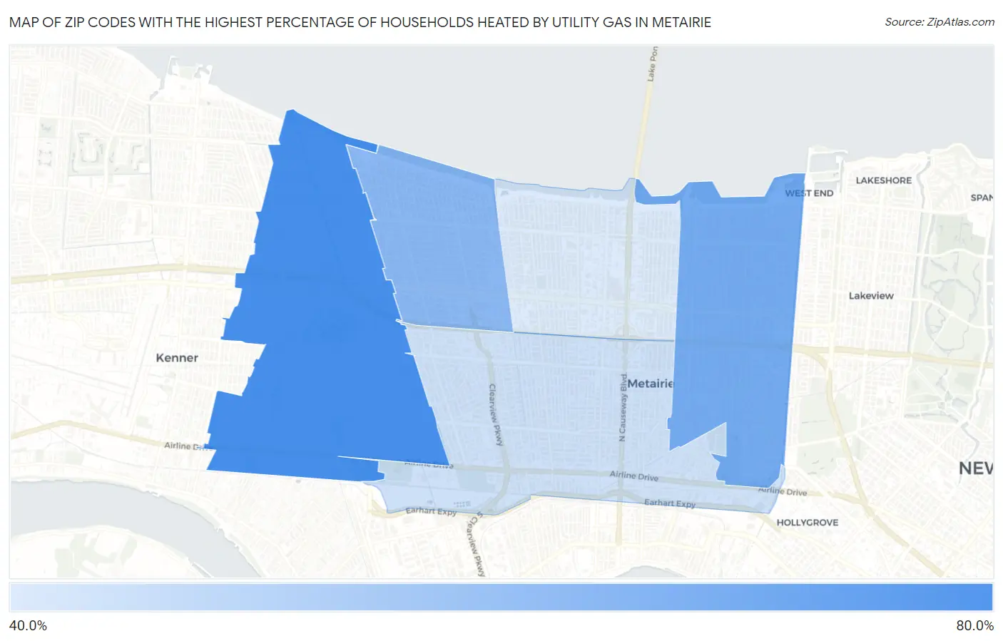 Zip Codes with the Highest Percentage of Households Heated by Utility Gas in Metairie Map