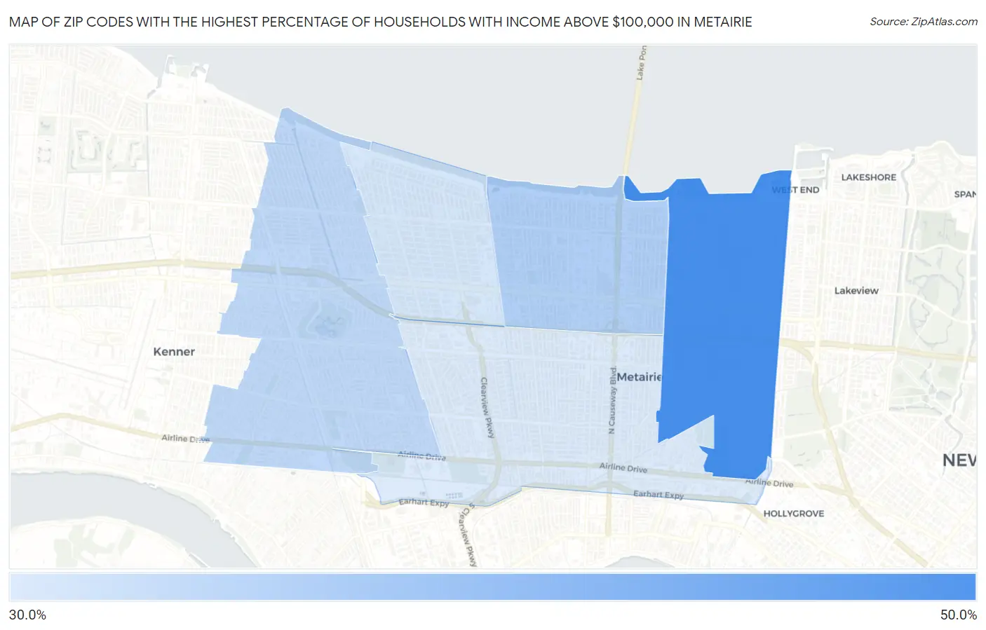 Zip Codes with the Highest Percentage of Households with Income Above $100,000 in Metairie Map