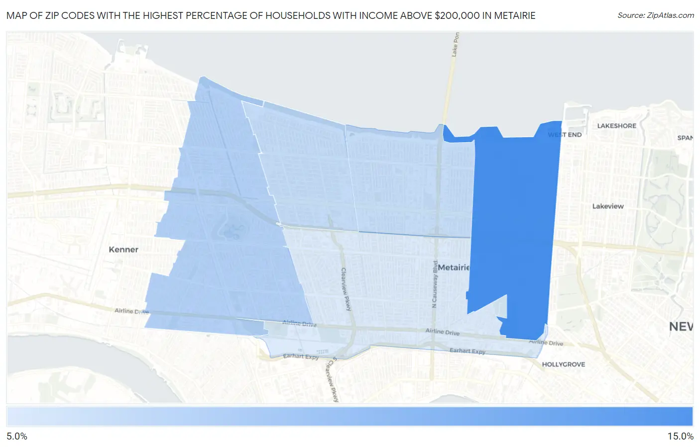 Zip Codes with the Highest Percentage of Households with Income Above $200,000 in Metairie Map
