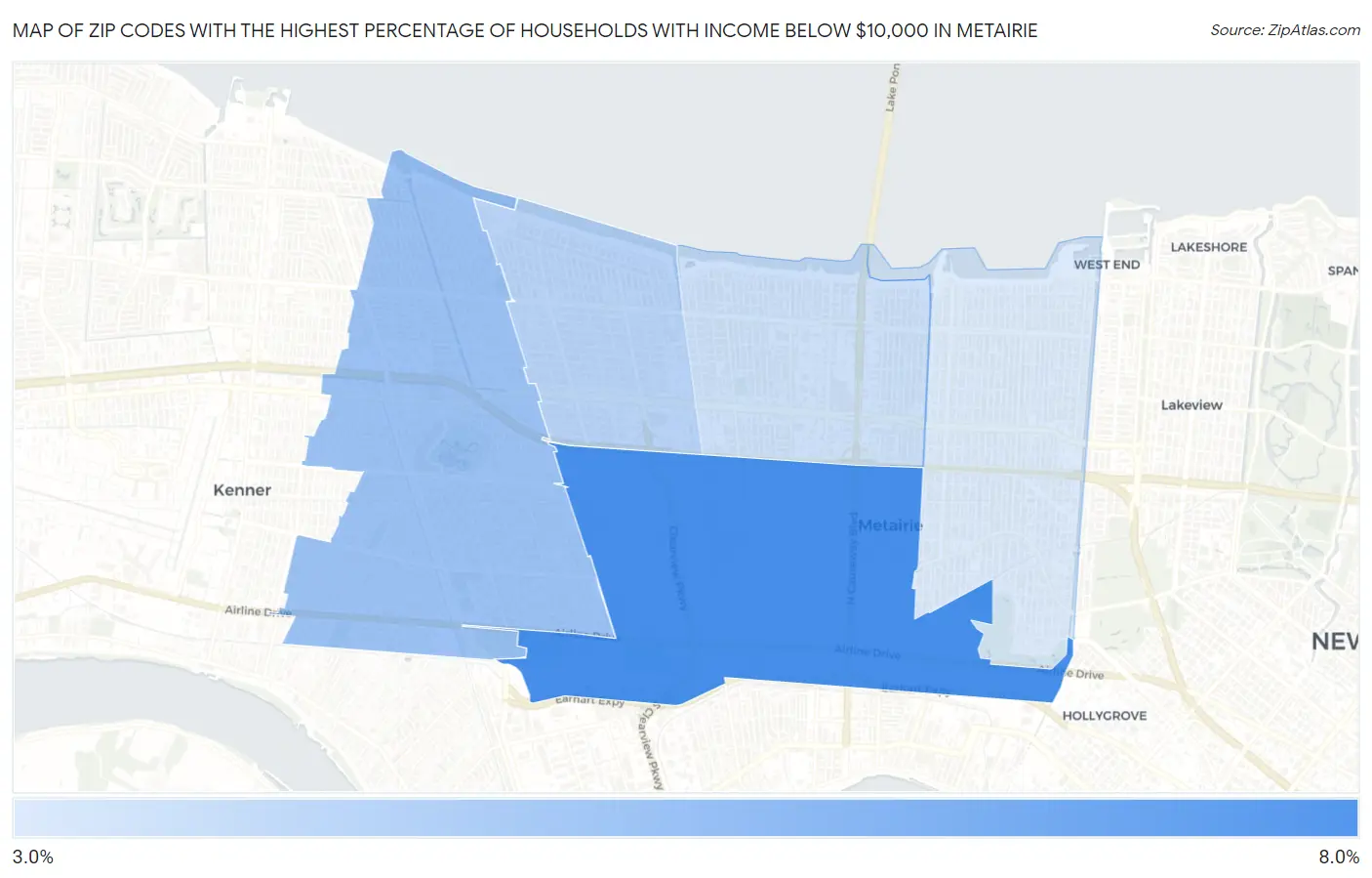 Zip Codes with the Highest Percentage of Households with Income Below $10,000 in Metairie Map