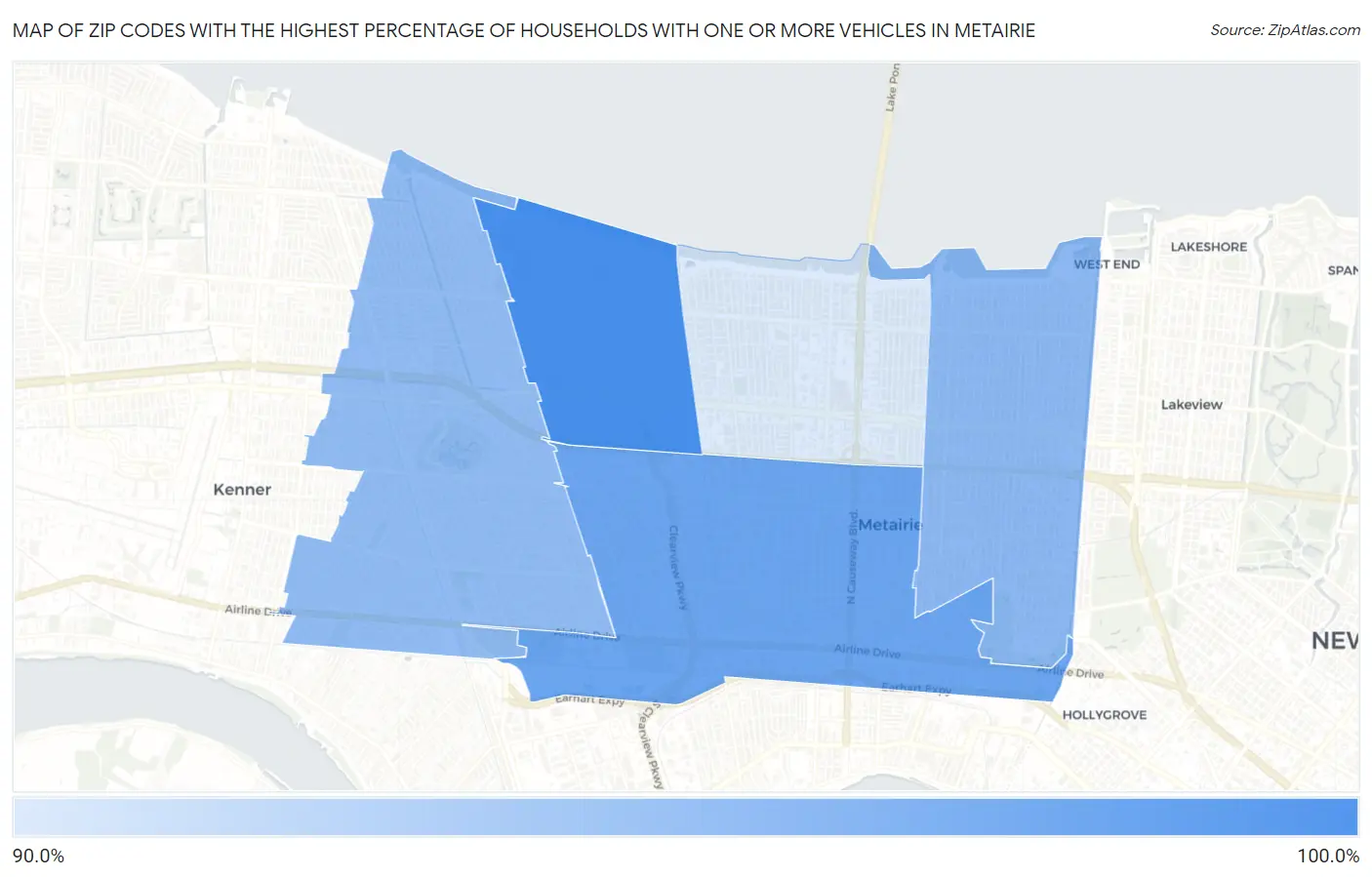 Zip Codes with the Highest Percentage of Households With One or more Vehicles in Metairie Map