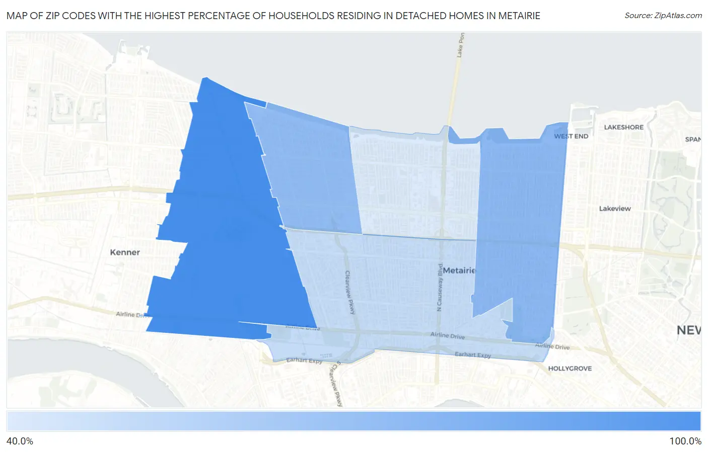 Zip Codes with the Highest Percentage of Households Residing in Detached Homes in Metairie Map