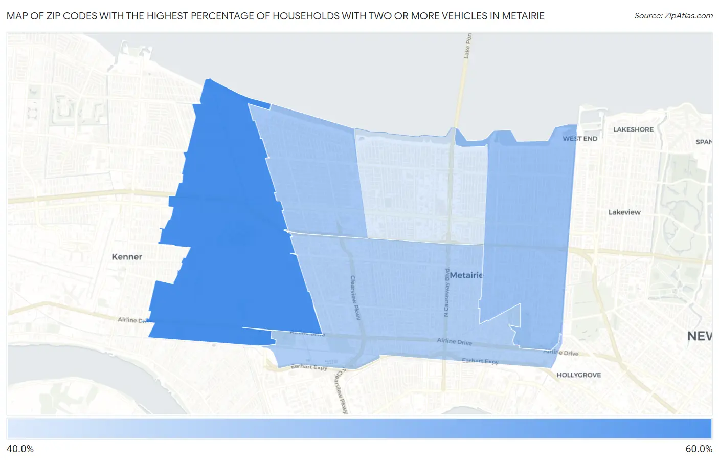 Zip Codes with the Highest Percentage of Households With Two or more Vehicles in Metairie Map