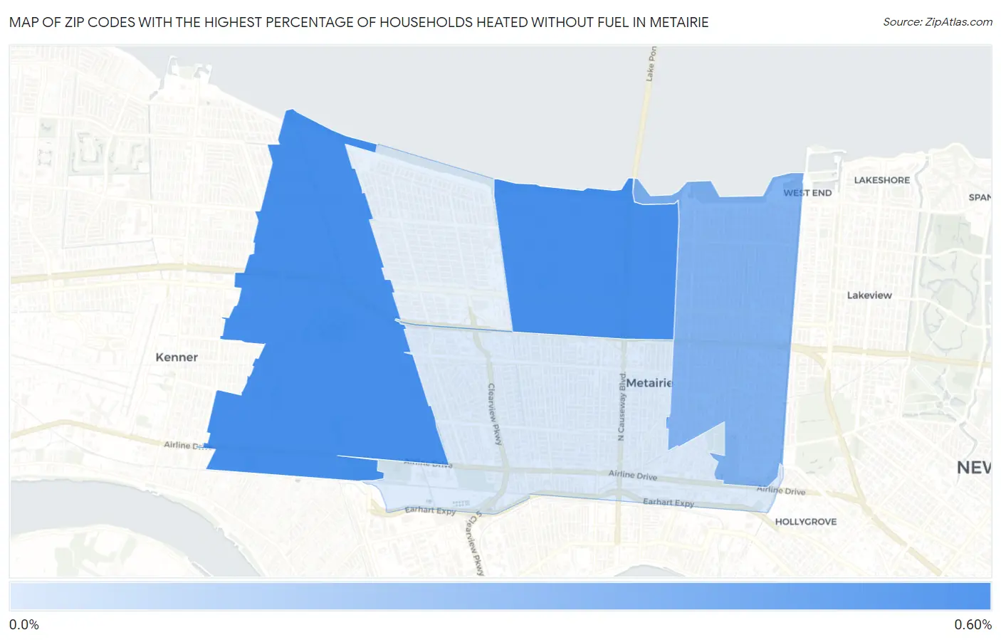 Zip Codes with the Highest Percentage of Households Heated without Fuel in Metairie Map
