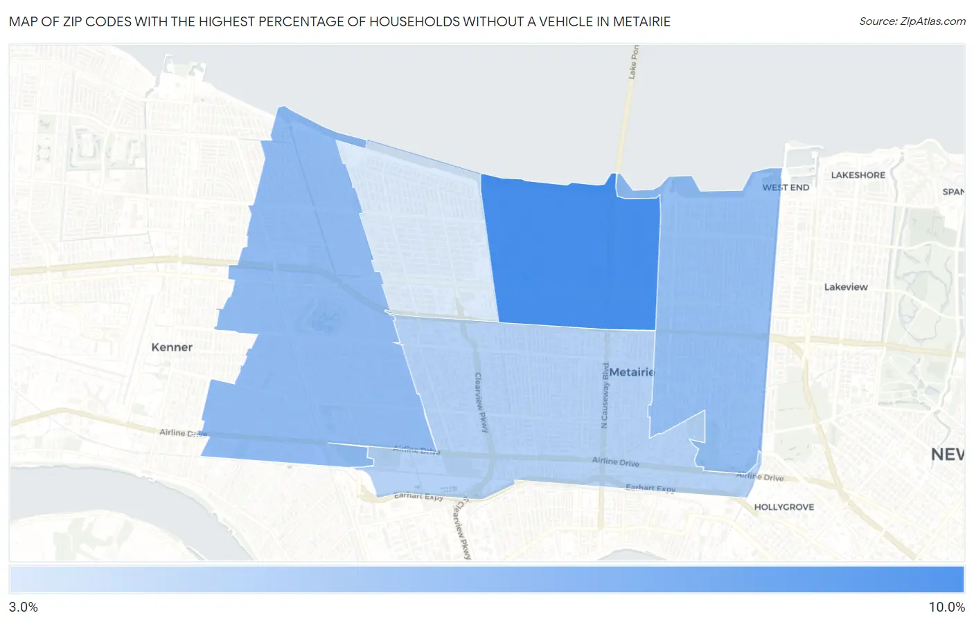 Zip Codes with the Highest Percentage of Households Without a Vehicle in Metairie Map