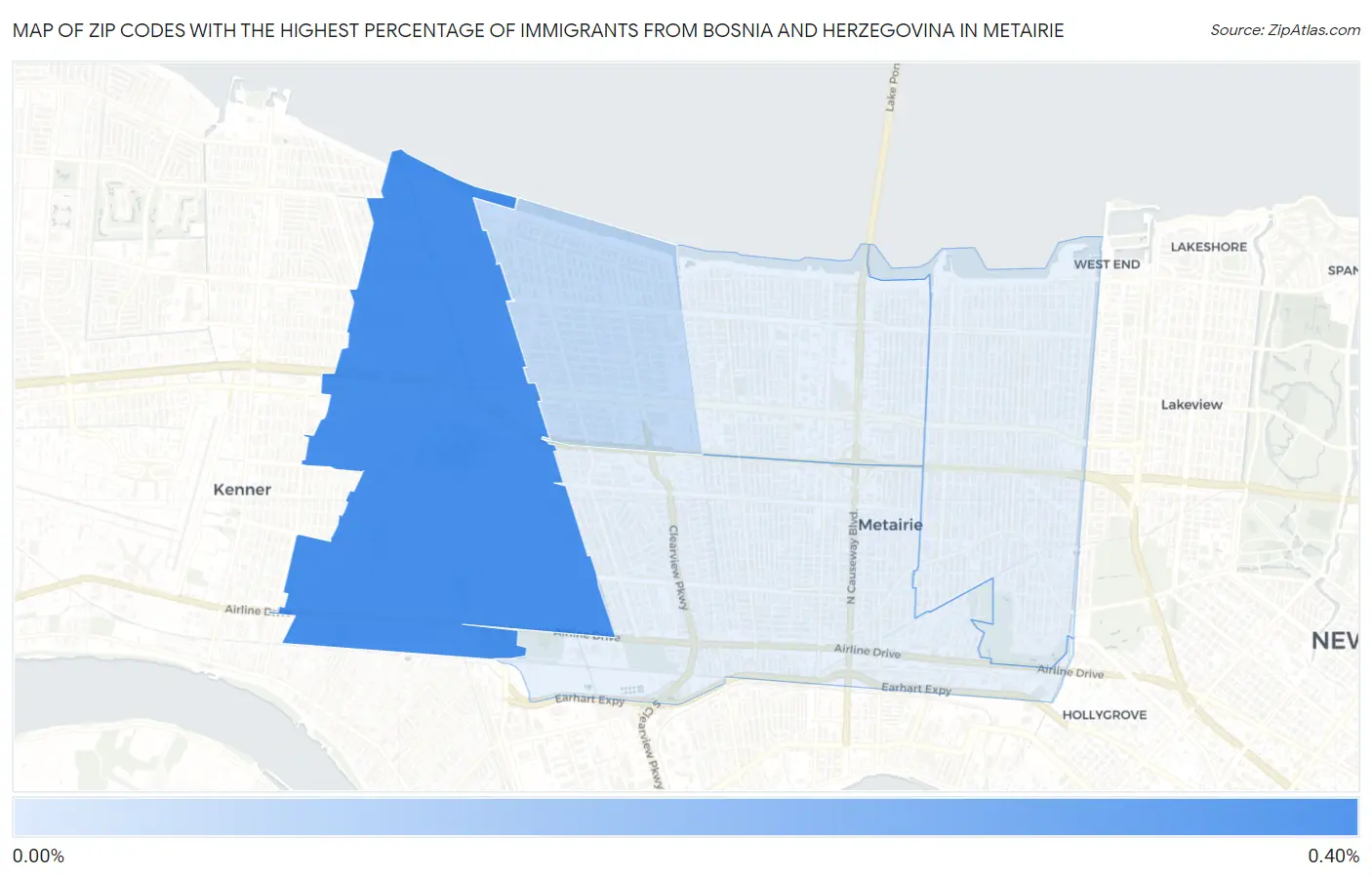 Zip Codes with the Highest Percentage of Immigrants from Bosnia and Herzegovina in Metairie Map