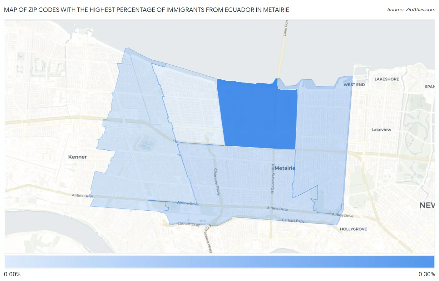 Zip Codes with the Highest Percentage of Immigrants from Ecuador in Metairie Map