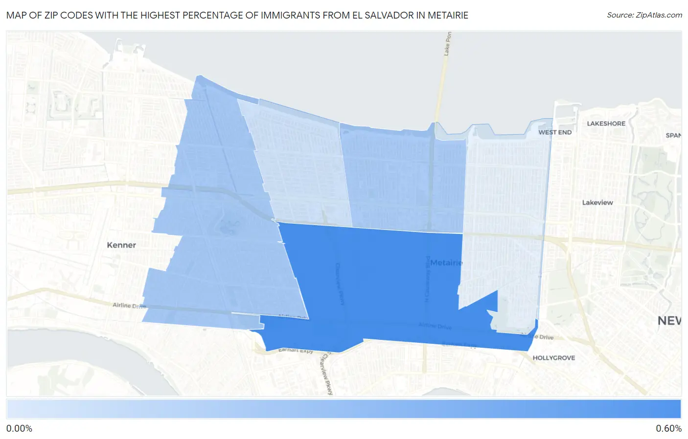 Zip Codes with the Highest Percentage of Immigrants from El Salvador in Metairie Map
