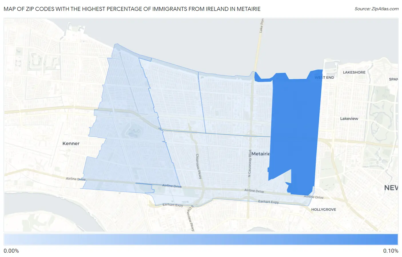 Zip Codes with the Highest Percentage of Immigrants from Ireland in Metairie Map
