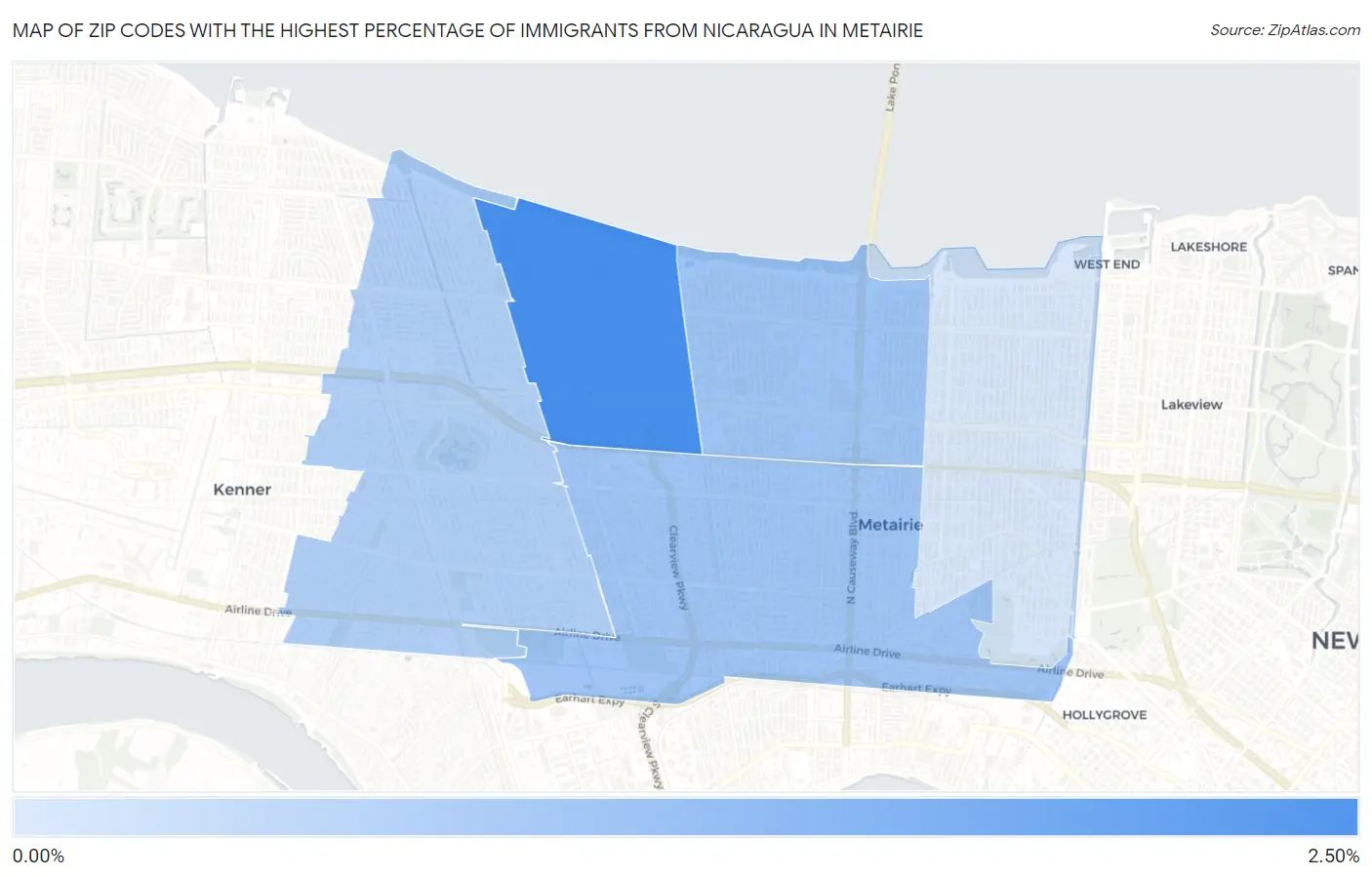 Zip Codes with the Highest Percentage of Immigrants from Nicaragua in Metairie Map