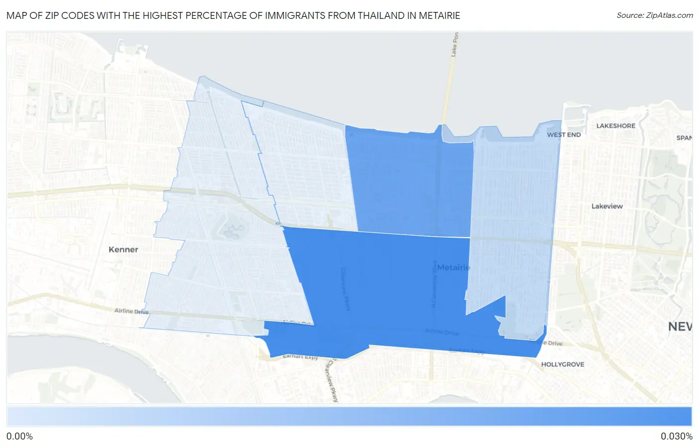 Zip Codes with the Highest Percentage of Immigrants from Thailand in Metairie Map