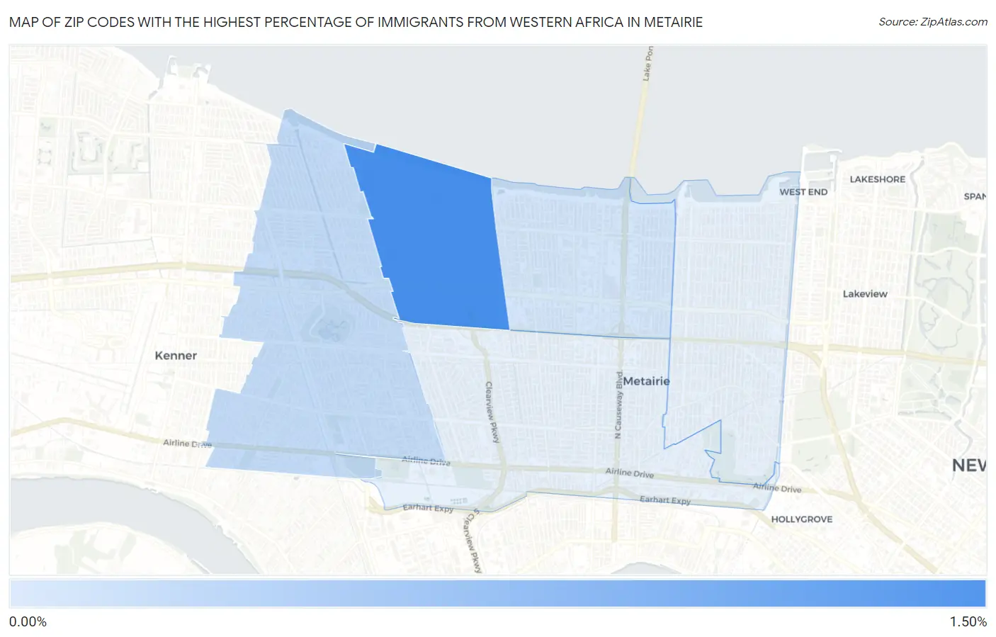 Zip Codes with the Highest Percentage of Immigrants from Western Africa in Metairie Map