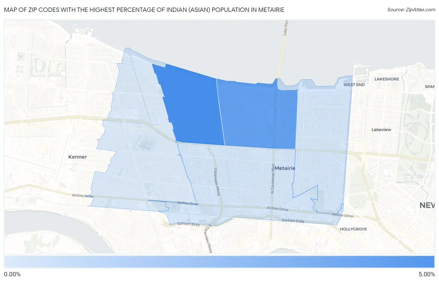 Zip Codes with the Highest Percentage of Indian (Asian) Population in Metairie Map