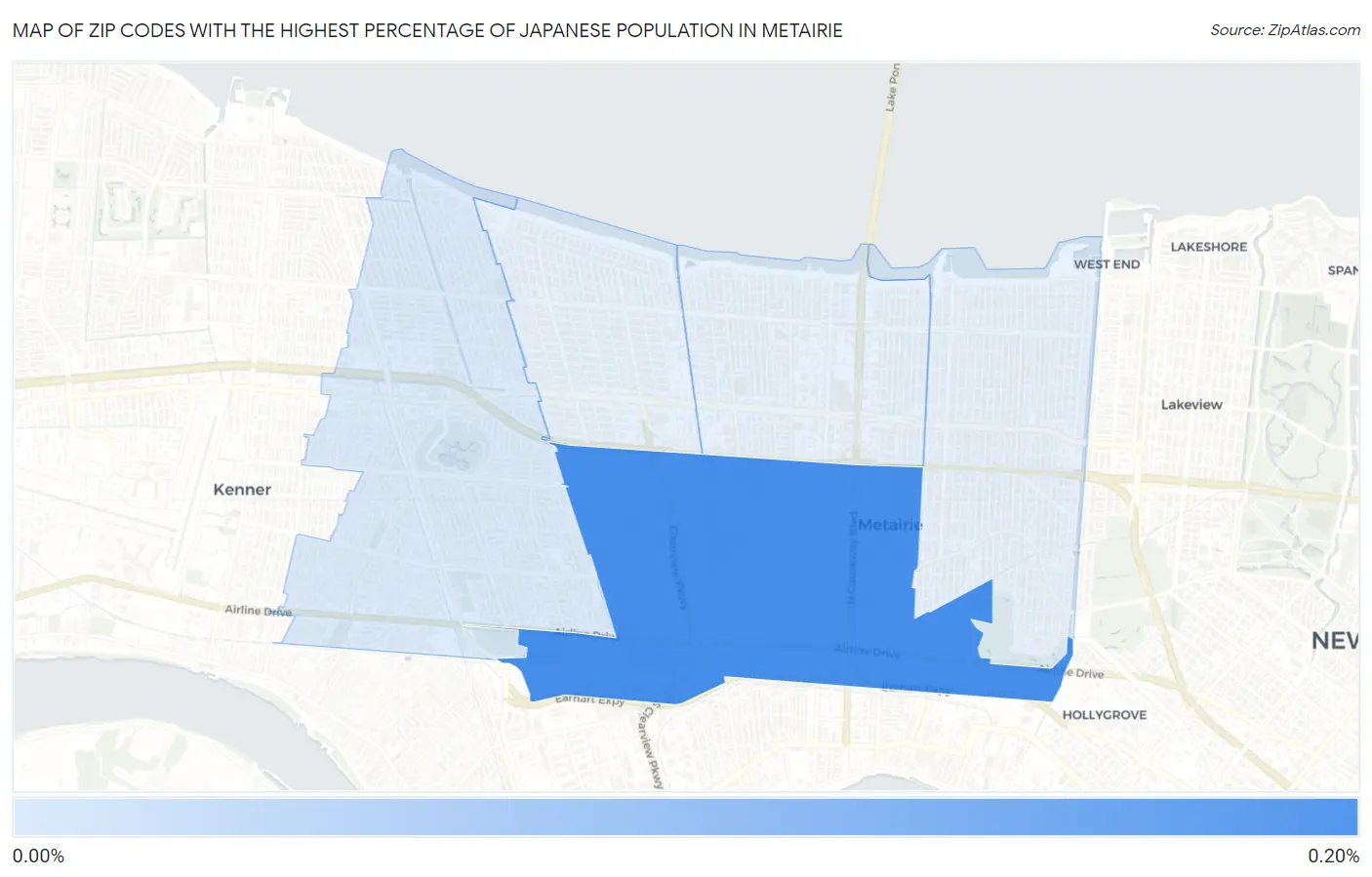 Zip Codes with the Highest Percentage of Japanese Population in Metairie Map