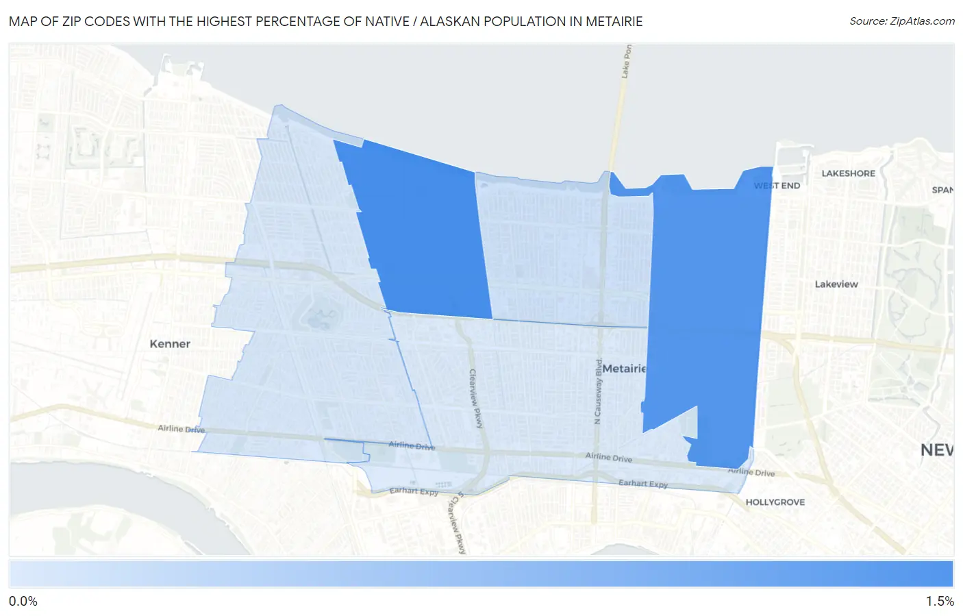 Zip Codes with the Highest Percentage of Native / Alaskan Population in Metairie Map