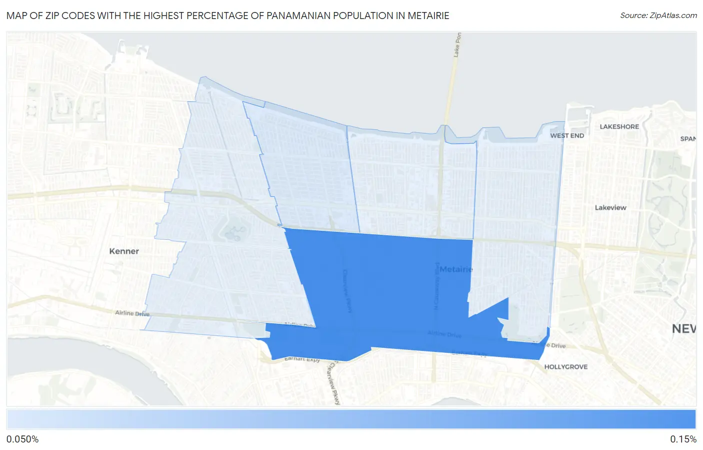 Zip Codes with the Highest Percentage of Panamanian Population in Metairie Map