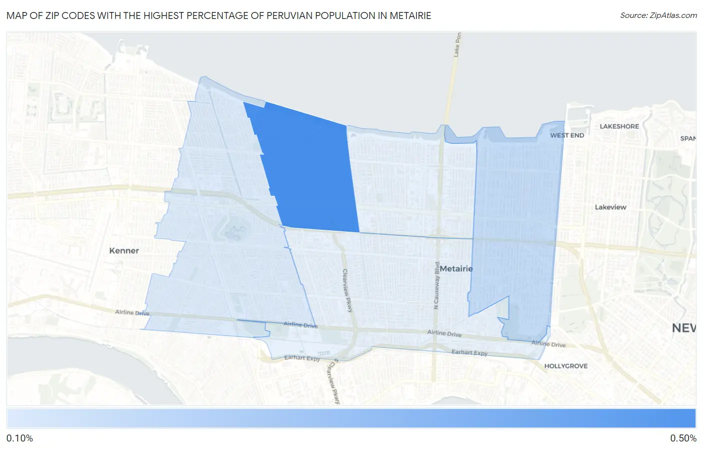 Zip Codes with the Highest Percentage of Peruvian Population in Metairie Map